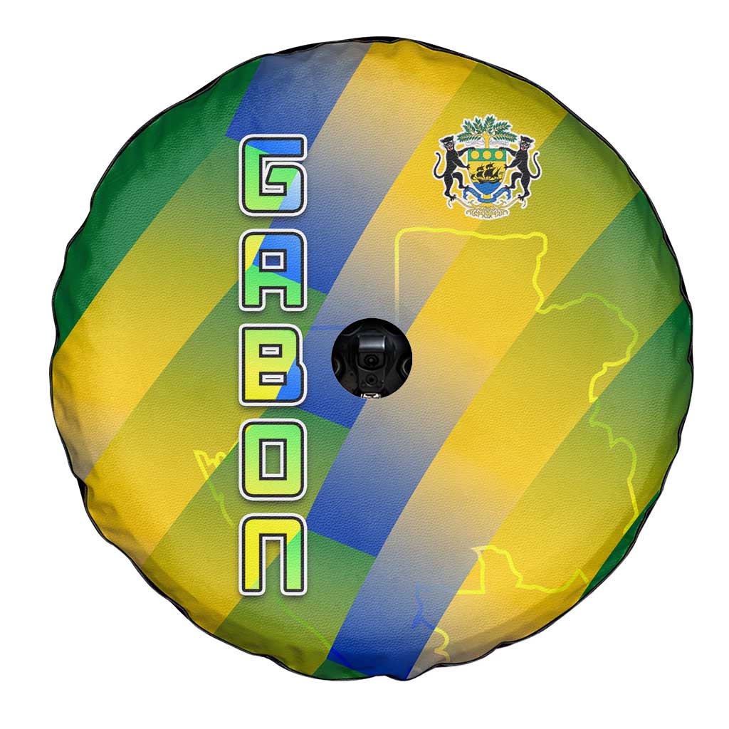 Gabon Flag Colors Spare Tire Cover with National Coat of Arms and Vertical Text Design