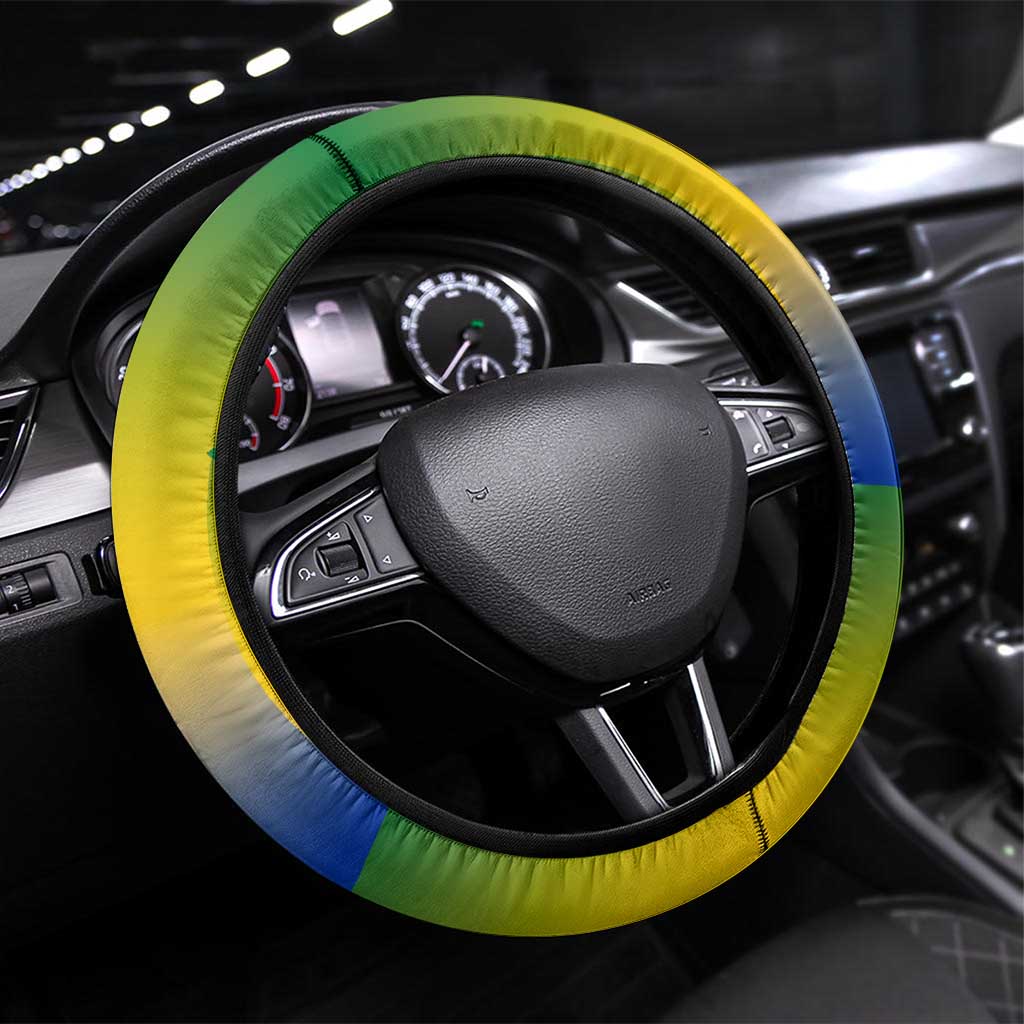 Gabon Flag Colors Steering Wheel Cover with National Coat of Arms and Vertical Text Design