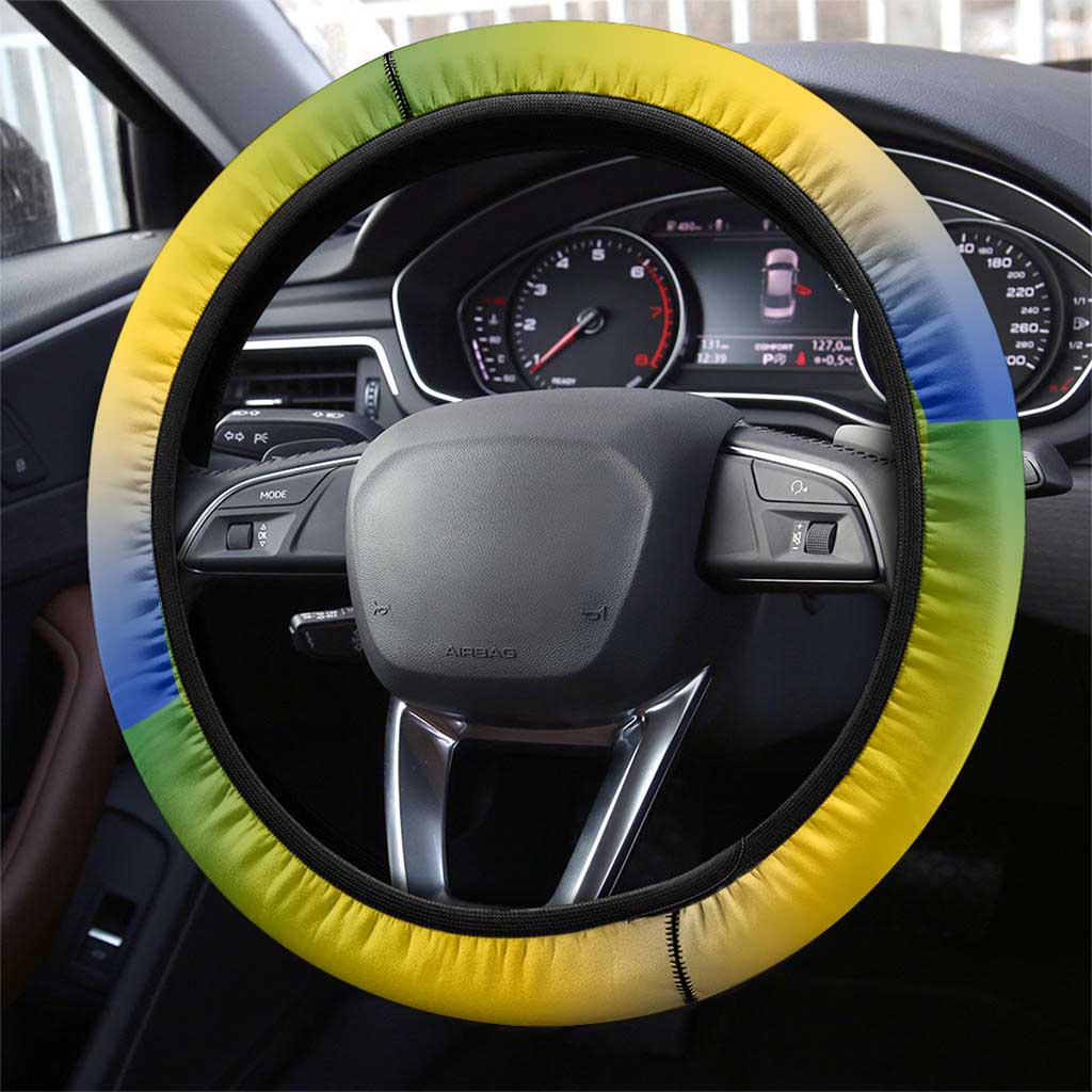 Gabon Flag Colors Steering Wheel Cover with National Coat of Arms and Vertical Text Design