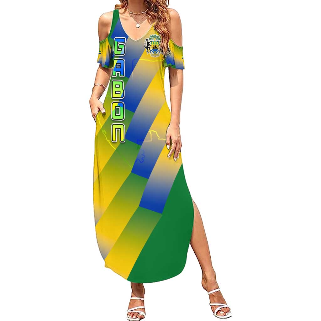 Gabon Flag Colors Summer Maxi Dress with National Coat of Arms and Vertical Text Design