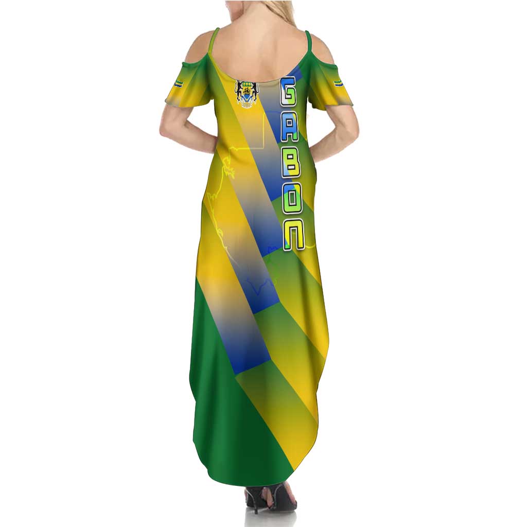 Gabon Flag Colors Summer Maxi Dress with National Coat of Arms and Vertical Text Design