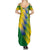 Gabon Flag Colors Summer Maxi Dress with National Coat of Arms and Vertical Text Design