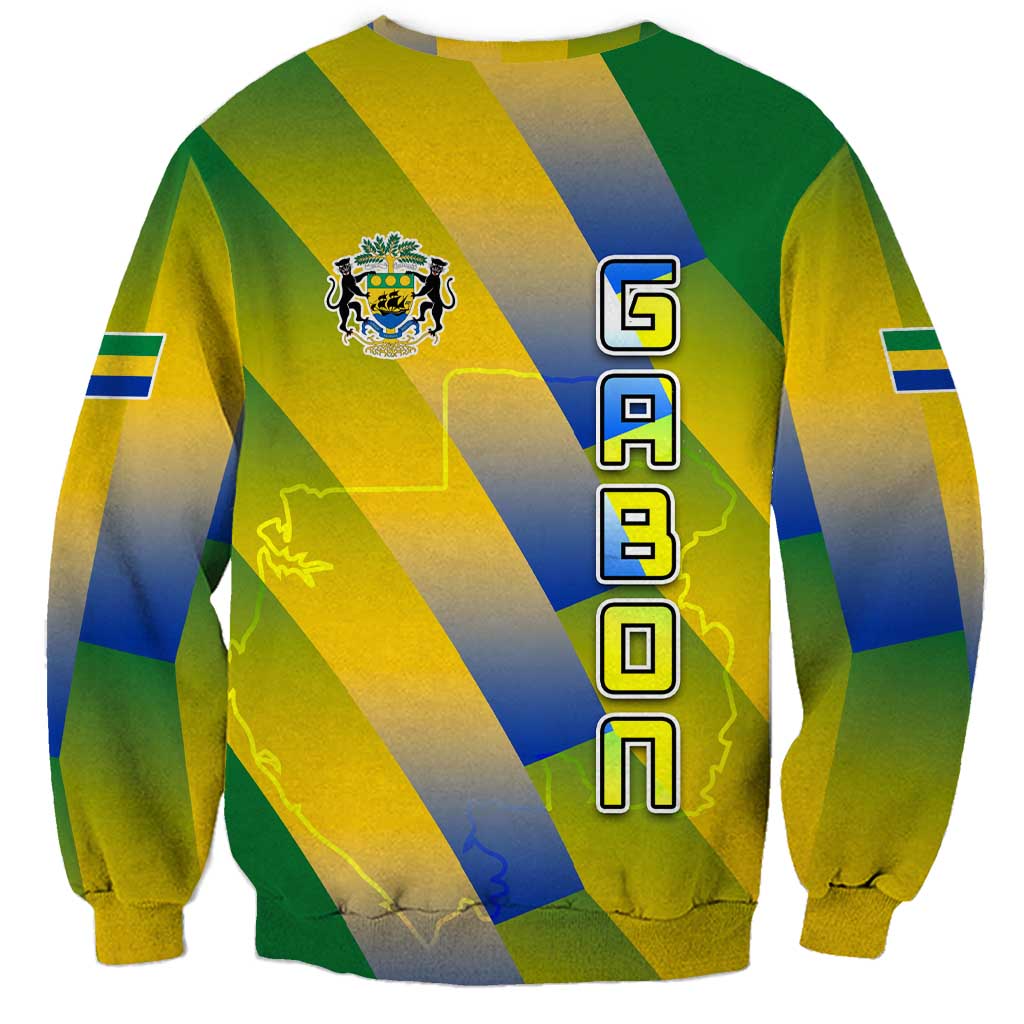 Gabon Flag Colors Sweatshirt with National Coat of Arms and Vertical Text Design