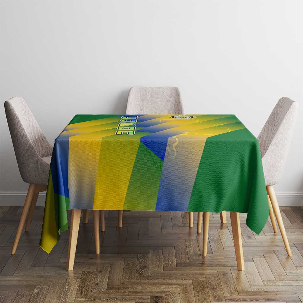 Gabon Flag Colors Tablecloth with National Coat of Arms and Vertical Text Design