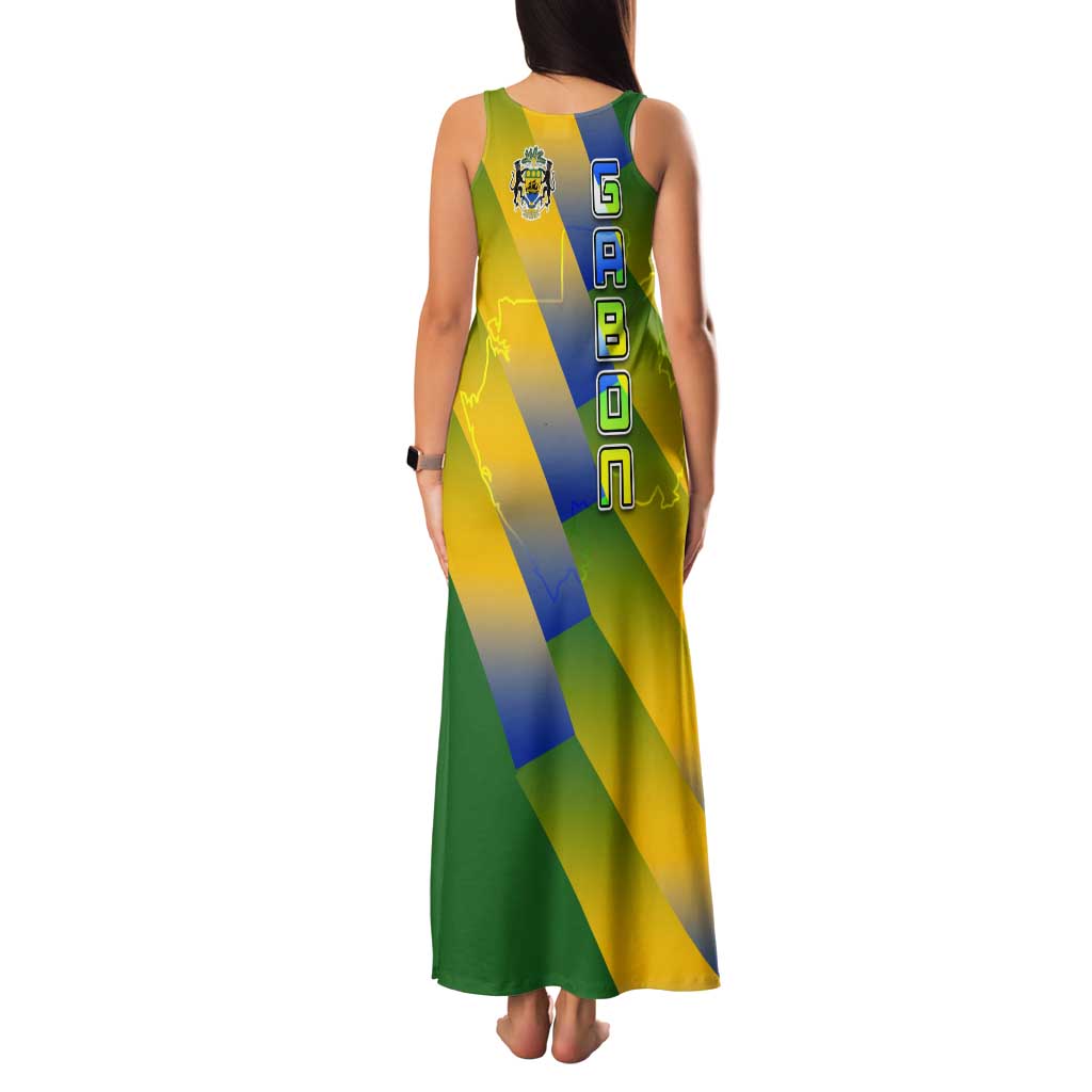 Gabon Flag Colors Tank Maxi Dress with National Coat of Arms and Vertical Text Design