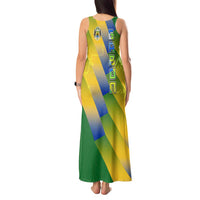 Gabon Flag Colors Tank Maxi Dress with National Coat of Arms and Vertical Text Design