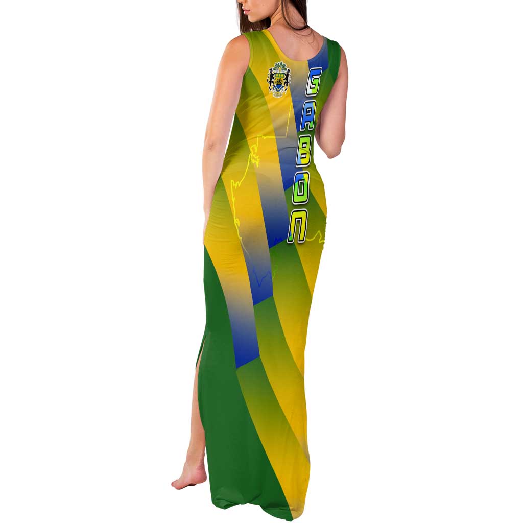 Gabon Flag Colors Tank Maxi Dress with National Coat of Arms and Vertical Text Design