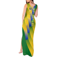 Gabon Flag Colors Tank Maxi Dress with National Coat of Arms and Vertical Text Design