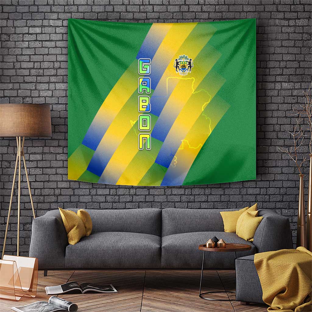 Gabon Flag Colors Tapestry with National Coat of Arms and Vertical Text Design