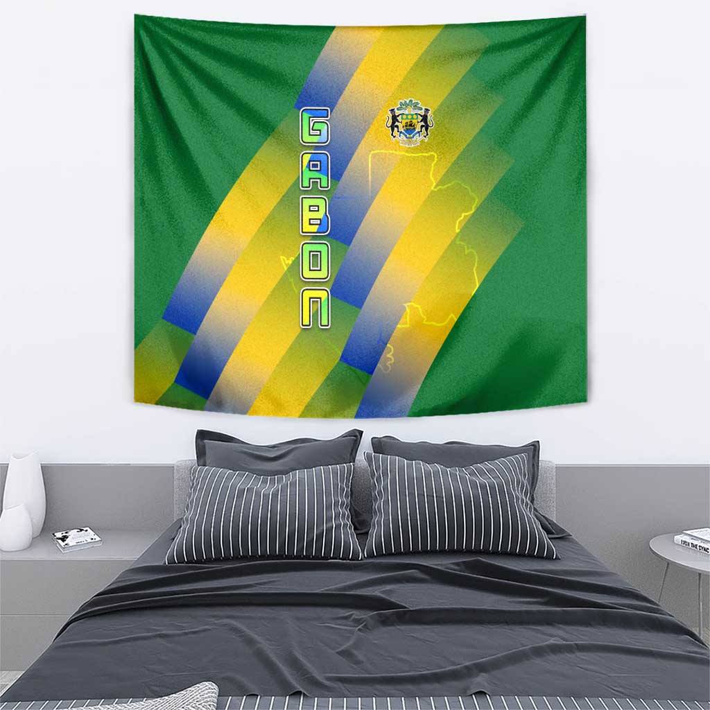 Gabon Flag Colors Tapestry with National Coat of Arms and Vertical Text Design