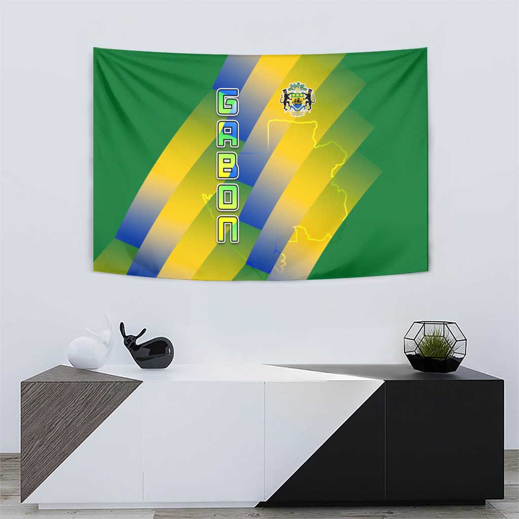 Gabon Flag Colors Tapestry with National Coat of Arms and Vertical Text Design