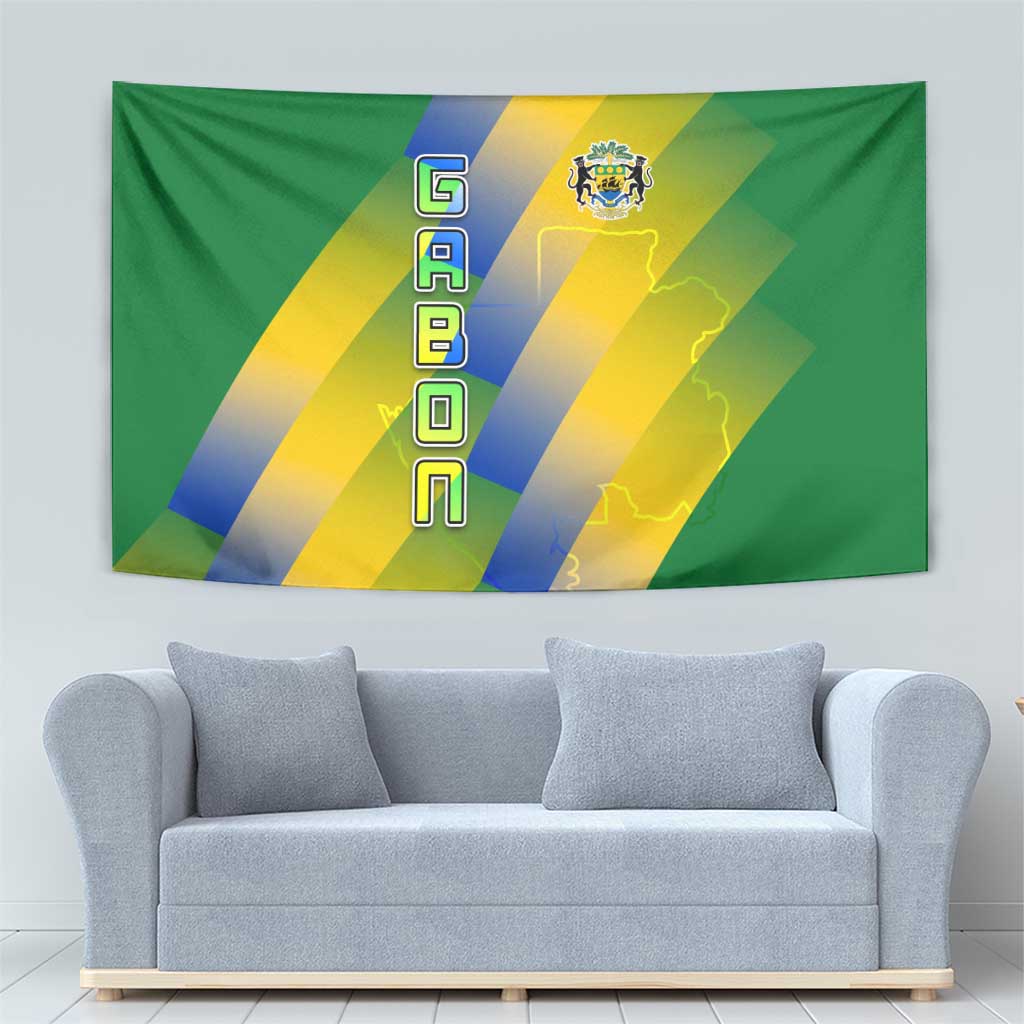 Gabon Flag Colors Tapestry with National Coat of Arms and Vertical Text Design