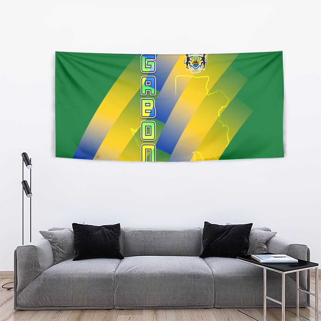 Gabon Flag Colors Tapestry with National Coat of Arms and Vertical Text Design