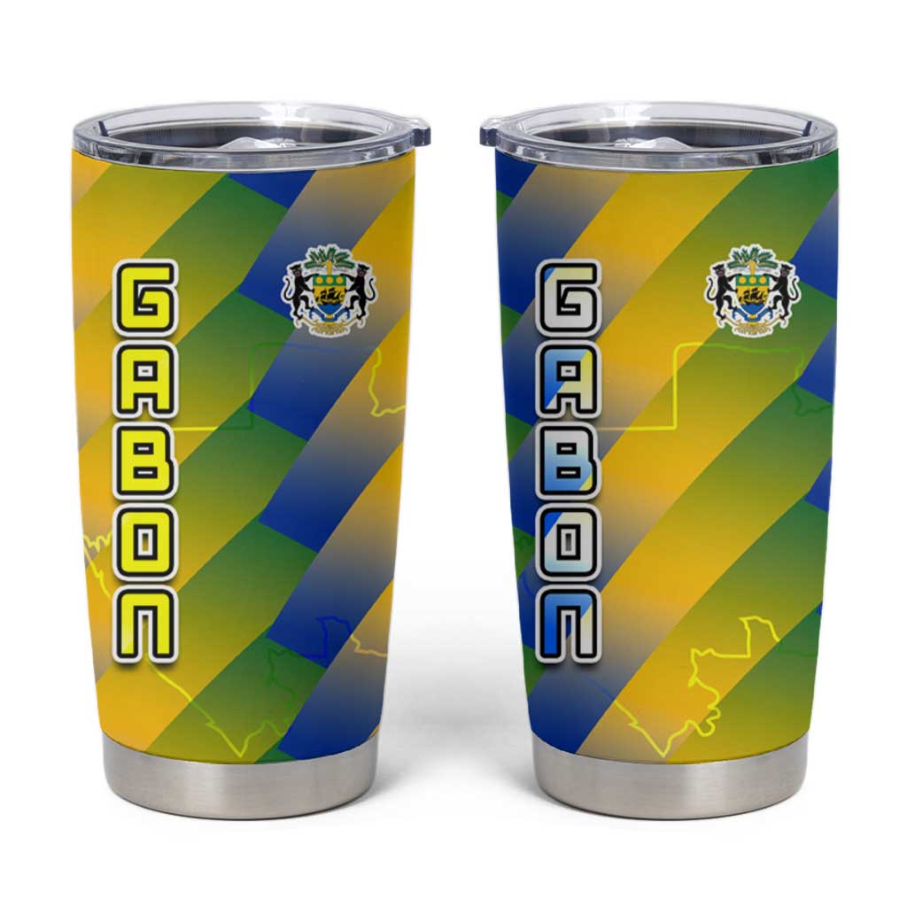 Gabon Flag Colors Tumbler Cup with National Coat of Arms and Vertical Text Design