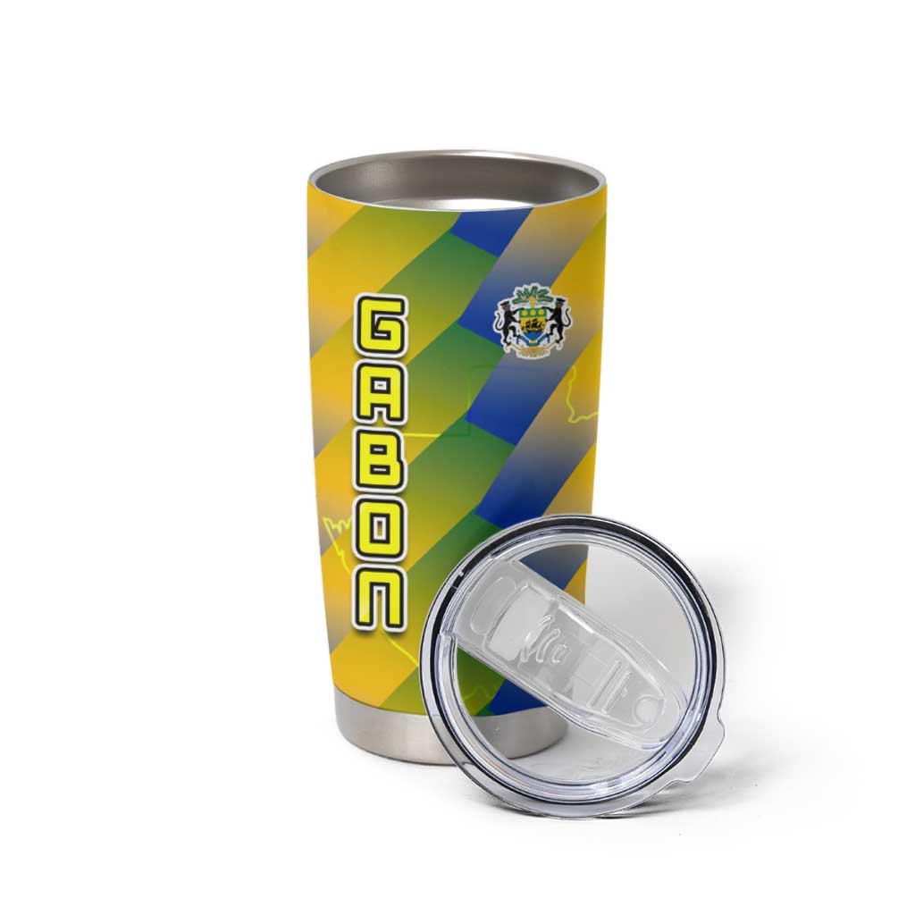 Gabon Flag Colors Tumbler Cup with National Coat of Arms and Vertical Text Design