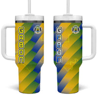Gabon Flag Colors Tumbler With Handle with National Coat of Arms and Vertical Text Design