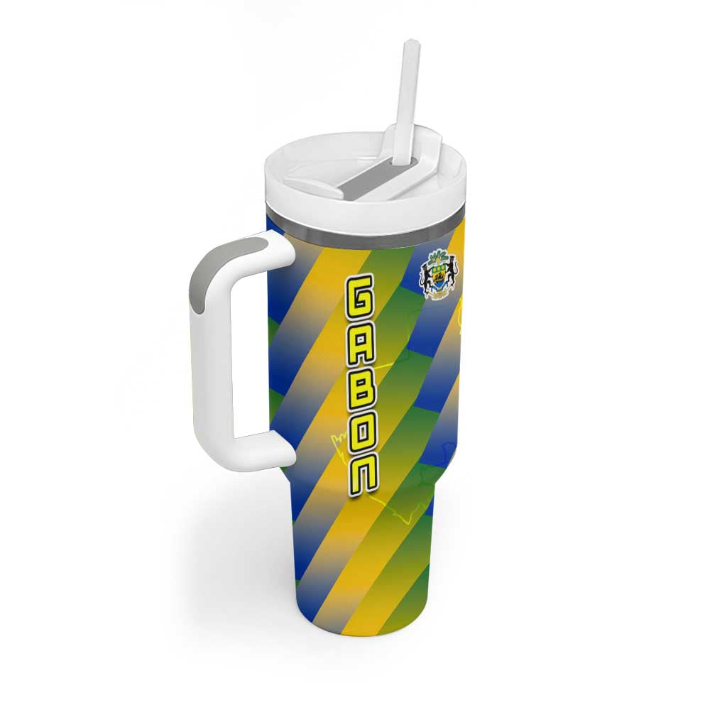 Gabon Flag Colors Tumbler With Handle with National Coat of Arms and Vertical Text Design