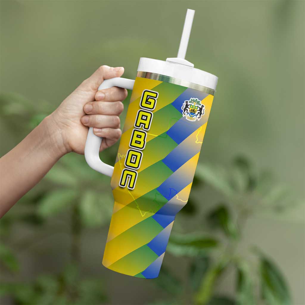Gabon Flag Colors Tumbler With Handle with National Coat of Arms and Vertical Text Design