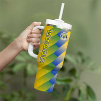 Gabon Flag Colors Tumbler With Handle with National Coat of Arms and Vertical Text Design