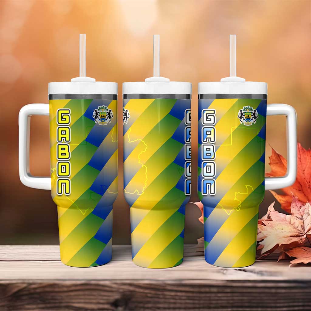 Gabon Flag Colors Tumbler With Handle with National Coat of Arms and Vertical Text Design
