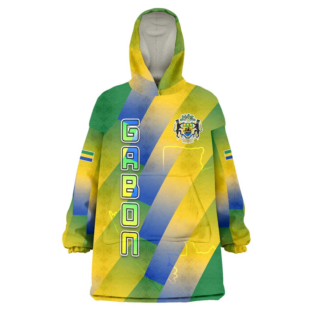 Gabon Flag Colors Wearable Blanket Hoodie with National Coat of Arms and Vertical Text Design