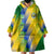 Gabon Flag Colors Wearable Blanket Hoodie with National Coat of Arms and Vertical Text Design