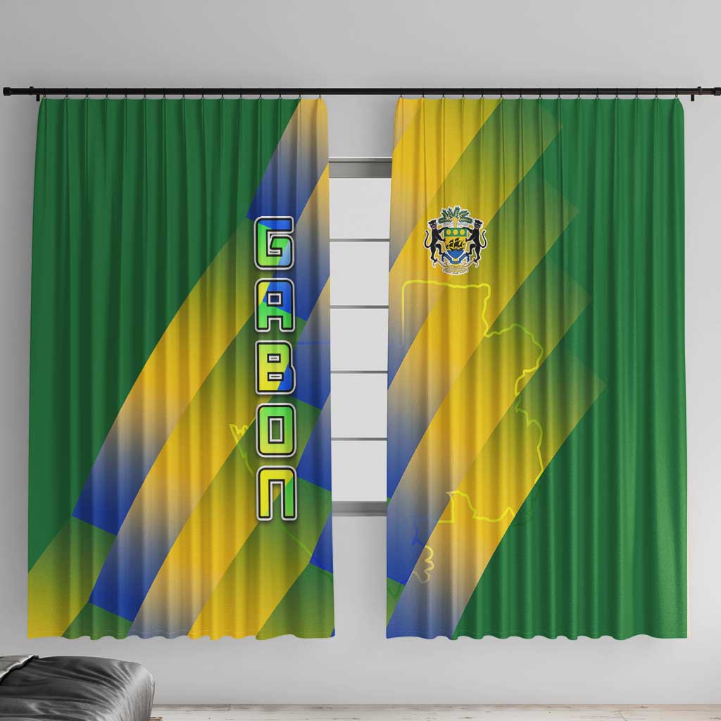 Gabon Flag Colors Window Curtain with National Coat of Arms and Vertical Text Design