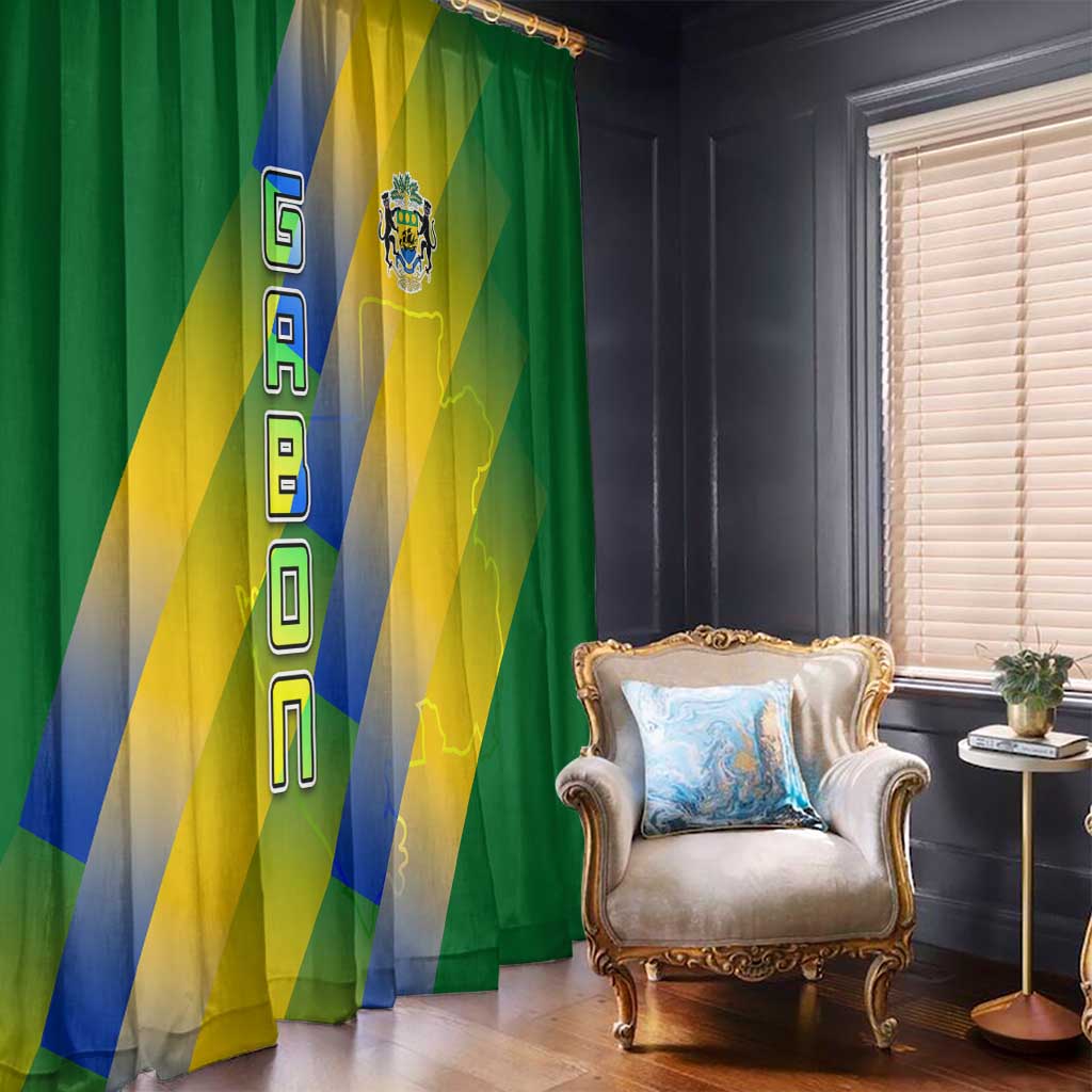 Gabon Flag Colors Window Curtain with National Coat of Arms and Vertical Text Design