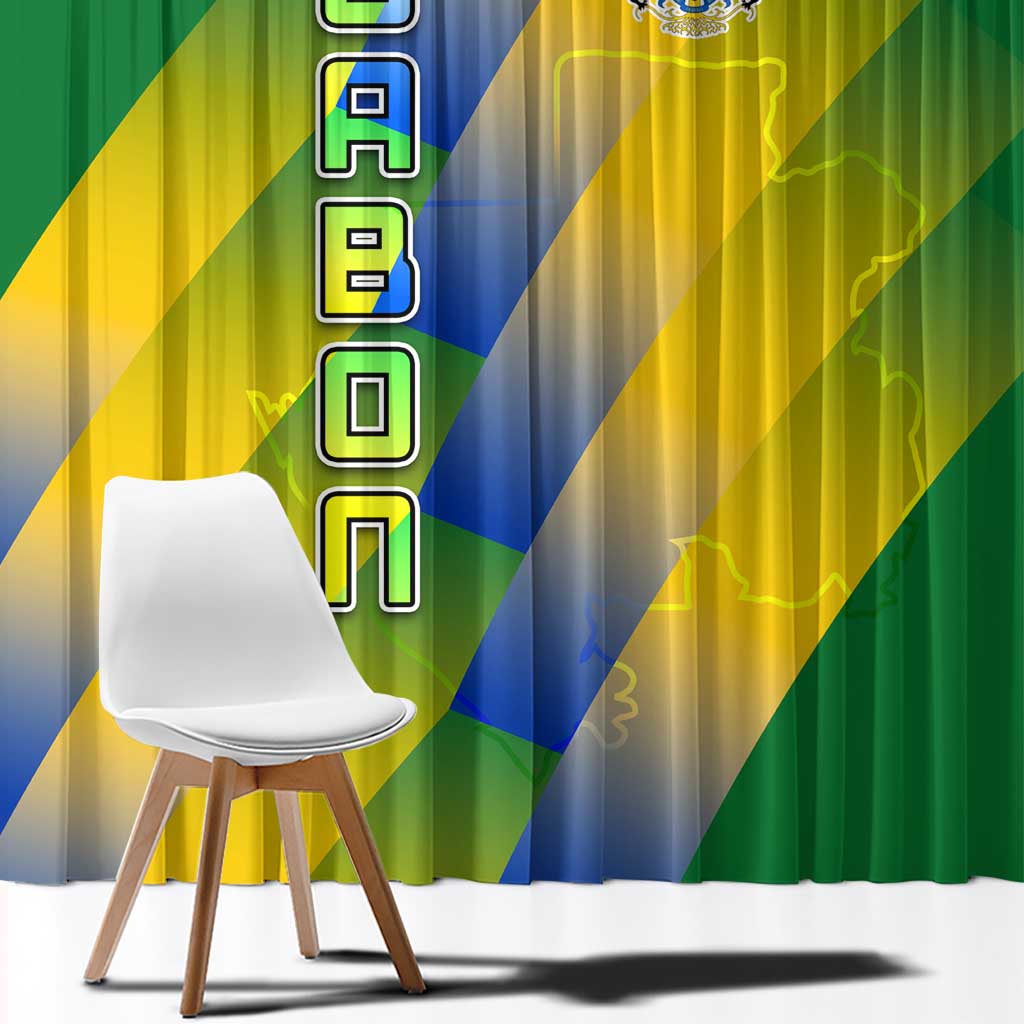 Gabon Flag Colors Window Curtain with National Coat of Arms and Vertical Text Design