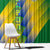 Gabon Flag Colors Window Curtain with National Coat of Arms and Vertical Text Design