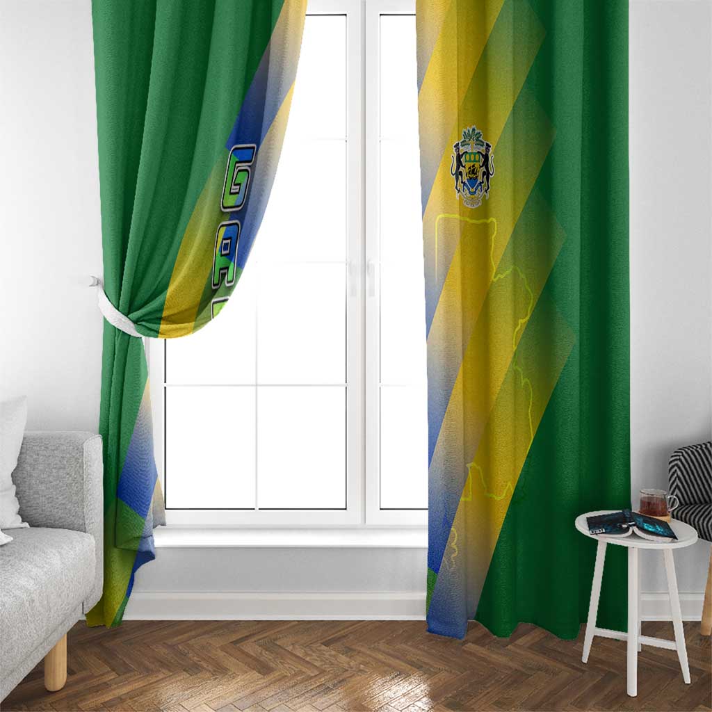 Gabon Flag Colors Window Curtain with National Coat of Arms and Vertical Text Design