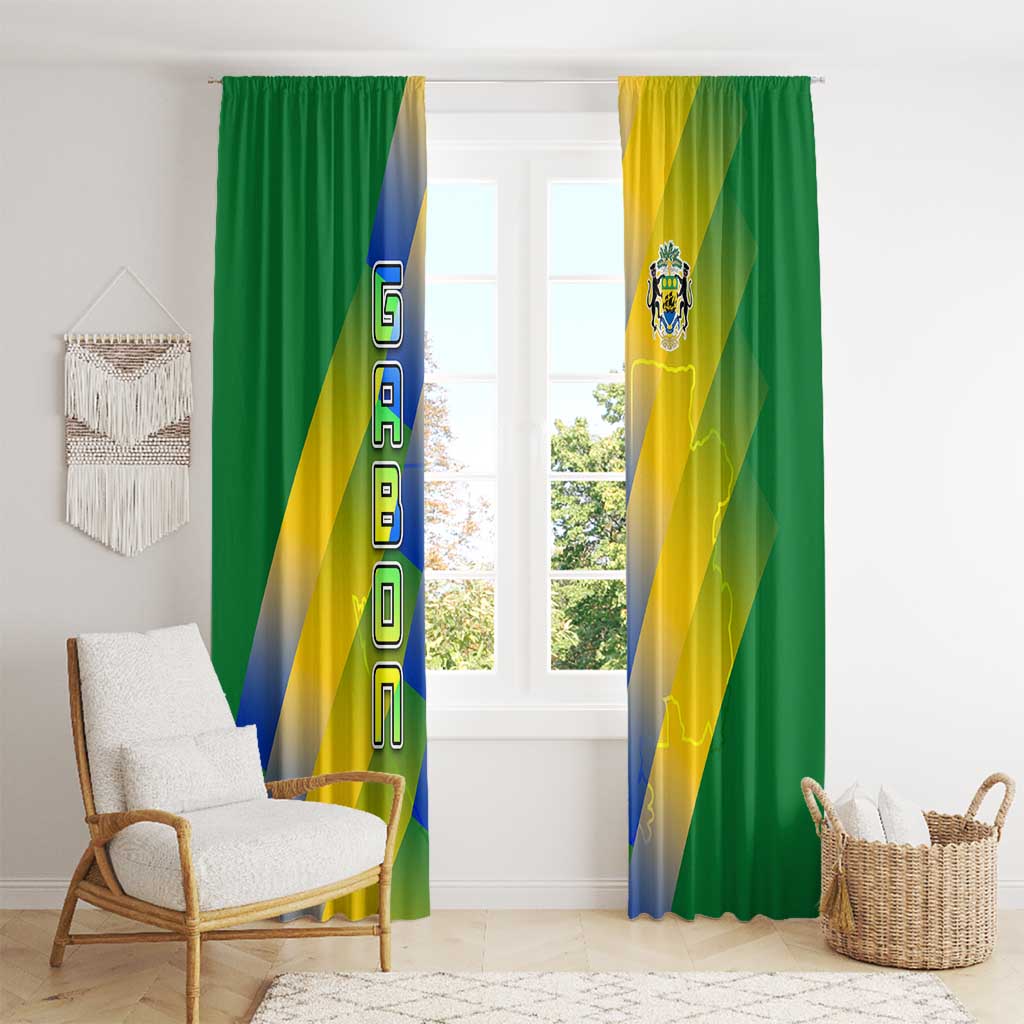 Gabon Flag Colors Window Curtain with National Coat of Arms and Vertical Text Design