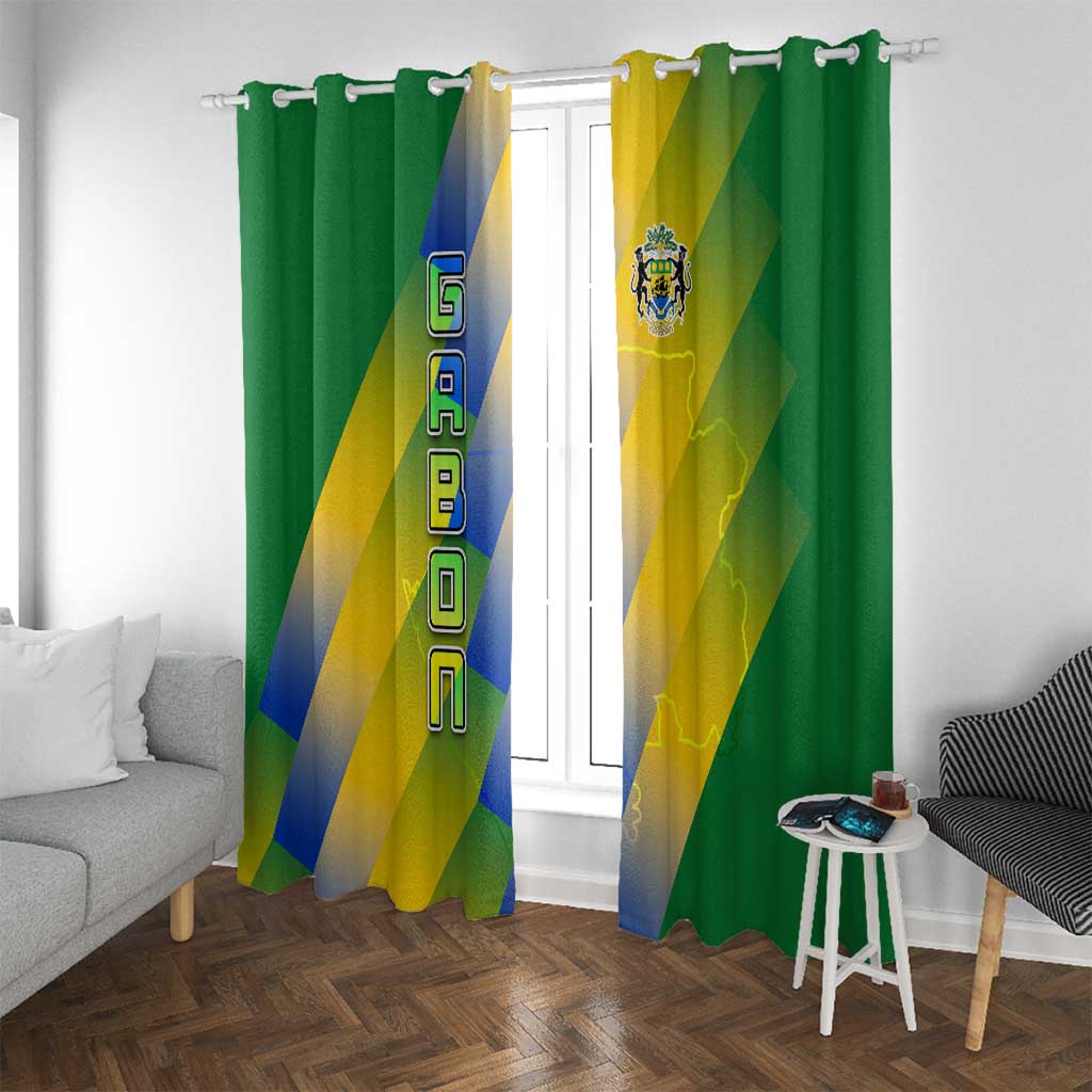 Gabon Flag Colors Window Curtain with National Coat of Arms and Vertical Text Design
