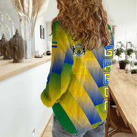 Gabon Flag Colors Women Casual Shirt with National Coat of Arms and Vertical Text Design