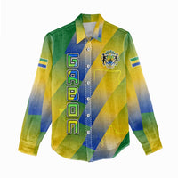 Gabon Flag Colors Women Casual Shirt with National Coat of Arms and Vertical Text Design