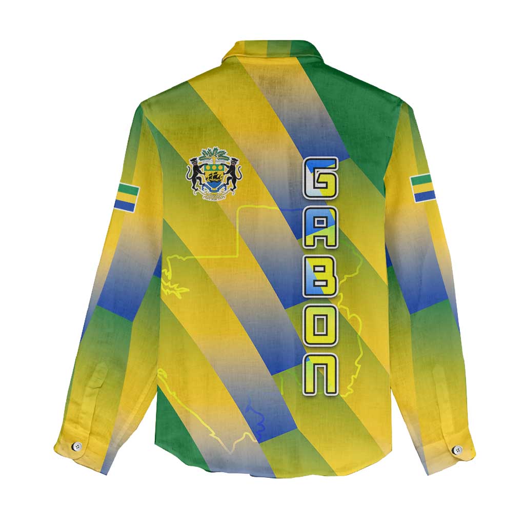 Gabon Flag Colors Women Casual Shirt with National Coat of Arms and Vertical Text Design