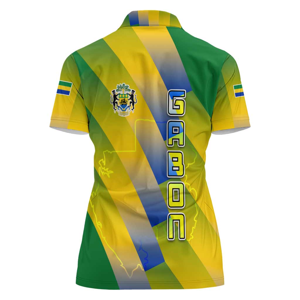 Gabon Flag Colors Women Polo Shirt with National Coat of Arms and Vertical Text Design