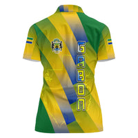 Gabon Flag Colors Women Polo Shirt with National Coat of Arms and Vertical Text Design