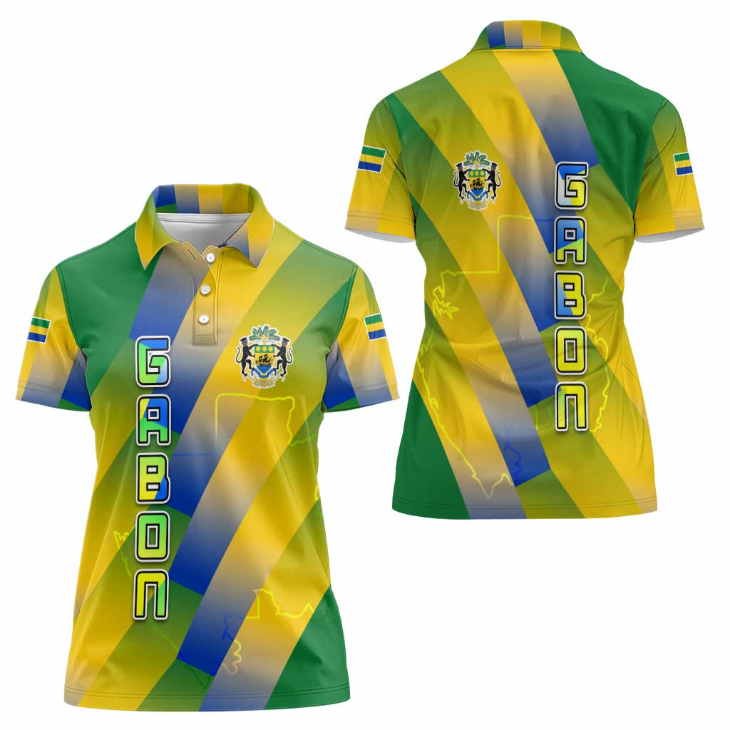Gabon Flag Colors Women Polo Shirt with National Coat of Arms and Vertical Text Design