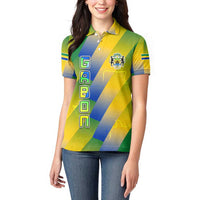 Gabon Flag Colors Women Polo Shirt with National Coat of Arms and Vertical Text Design