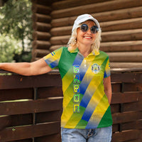Gabon Flag Colors Women Polo Shirt with National Coat of Arms and Vertical Text Design