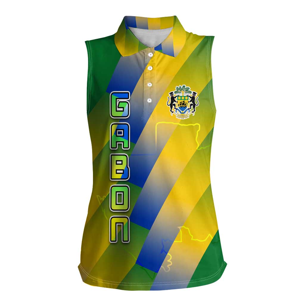 Gabon Flag Colors Women Sleeveless Polo Shirt with National Coat of Arms and Vertical Text Design