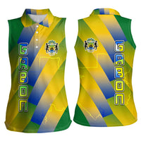 Gabon Flag Colors Women Sleeveless Polo Shirt with National Coat of Arms and Vertical Text Design