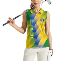 Gabon Flag Colors Women Sleeveless Polo Shirt with National Coat of Arms and Vertical Text Design