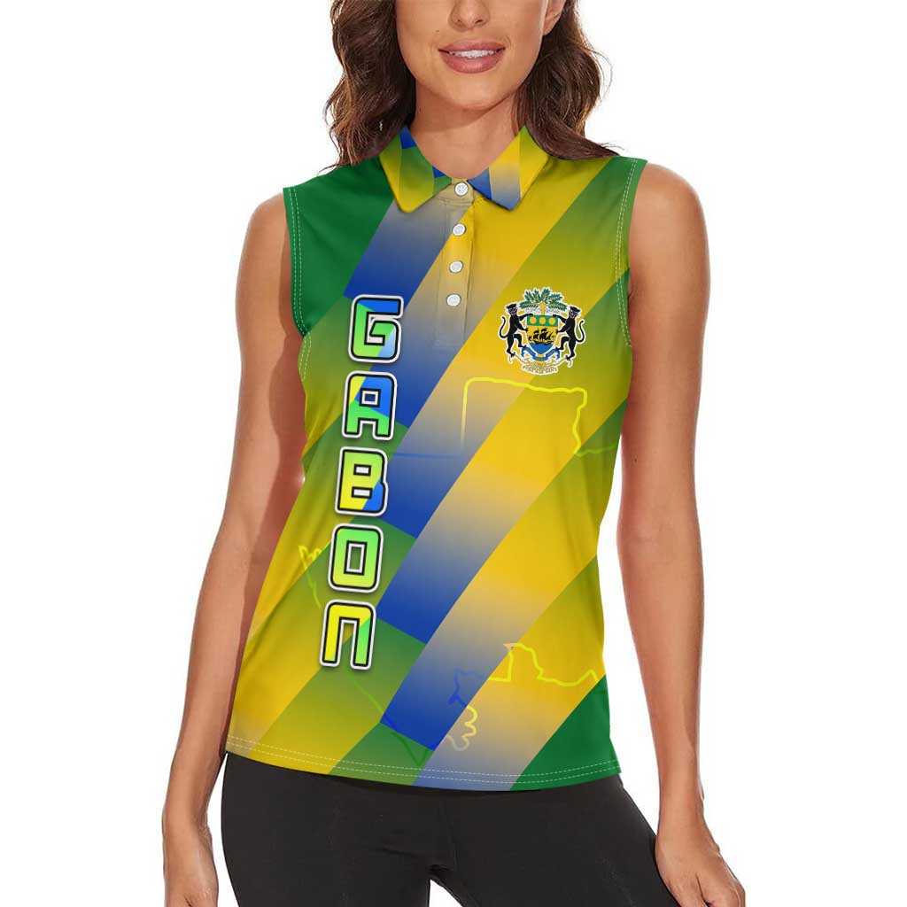 Gabon Flag Colors Women Sleeveless Polo Shirt with National Coat of Arms and Vertical Text Design