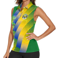 Gabon Flag Colors Women Sleeveless Polo Shirt with National Coat of Arms and Vertical Text Design