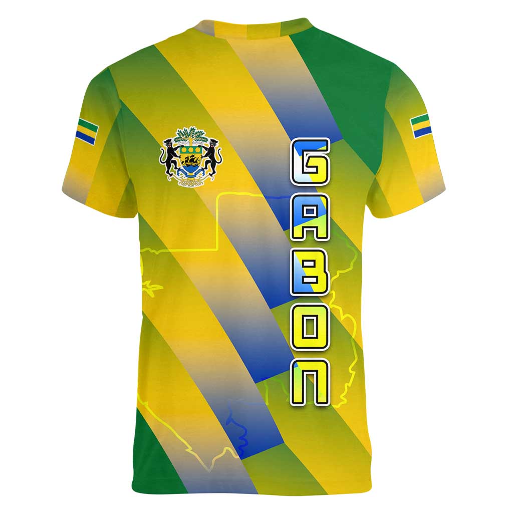 Gabon Flag Colors Women V-Neck T-Shirt with National Coat of Arms and Vertical Text Design