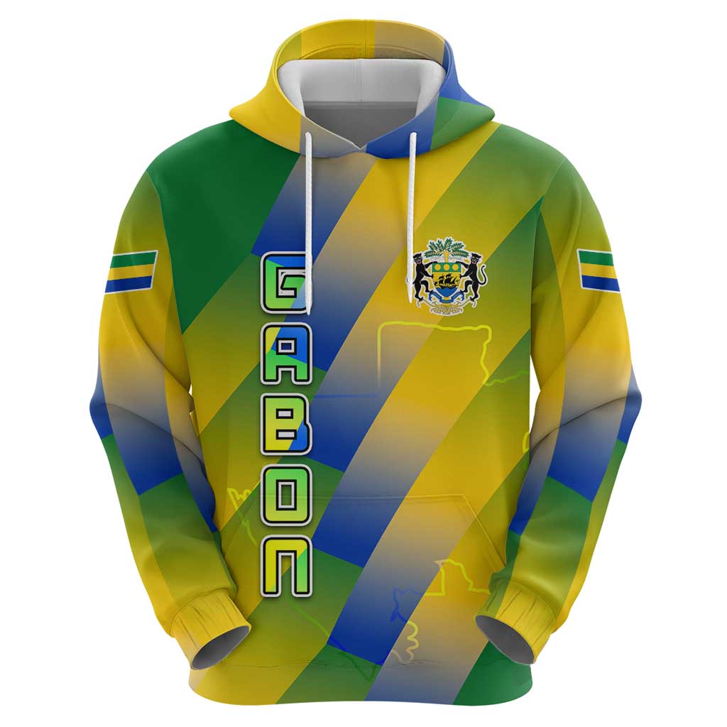 Gabon Flag Colors Zip Hoodie with National Coat of Arms and Vertical Text Design