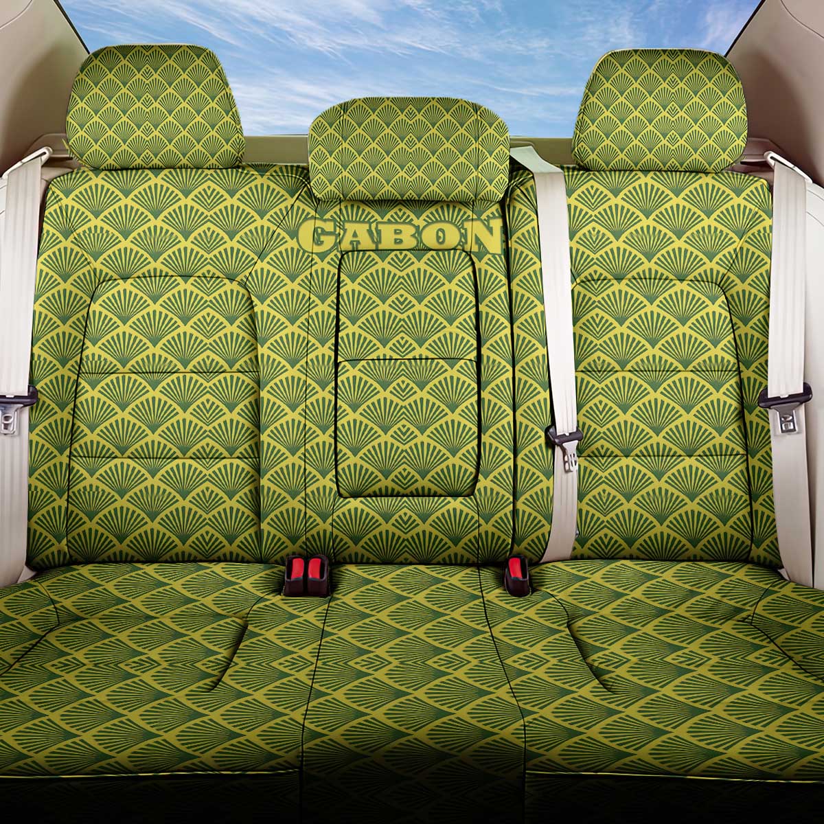 Gabon Tribal Pattern Back Car Seat Cover with National Flag Colors and Bold Text Design