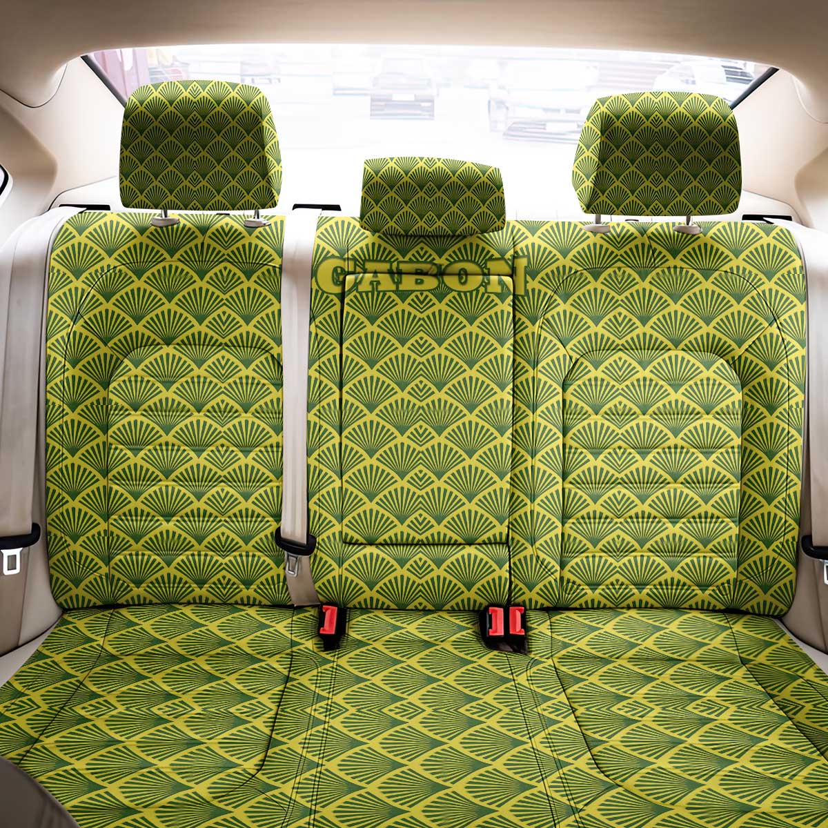 Gabon Tribal Pattern Back Car Seat Cover with National Flag Colors and Bold Text Design